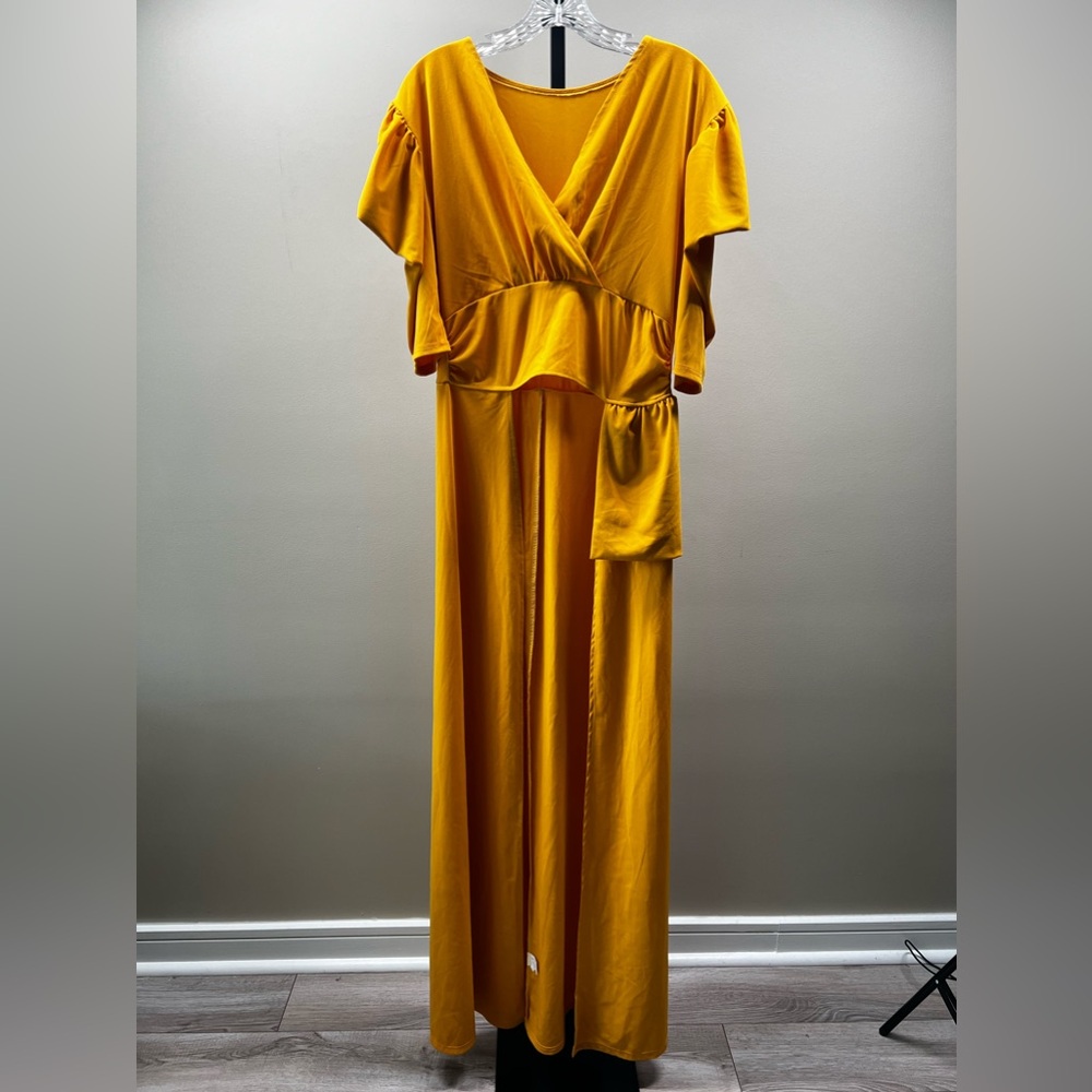 Yellow Mustard Long Tunic Summer Blouse Top Split Hem Shirt Puff Sleeve V Neck